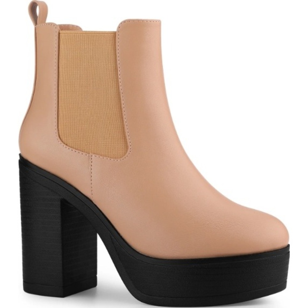 Platform Chelsea‎ Boots Block Heel Ankle Booties Pull On Size 8.5 Tan/Black New